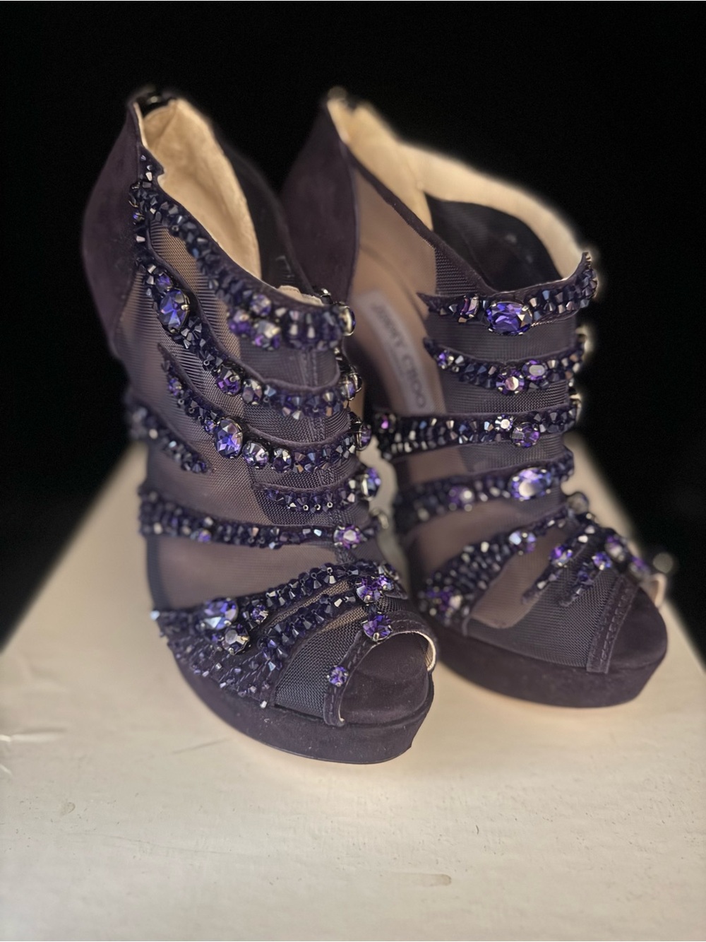 Jimmy Choo Purple Suede Swarovski Mesh Peep-Toe Stiletto Booties